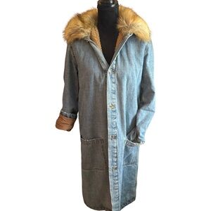 ZARA WOMAN PREMIUM DENIM COLLECTION Denim Long Coat with Faux Fur Collar Size S